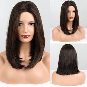 Small Lace Front Short Dark Brown Bob Shoulder Length Wig - Middle Part - 16"in